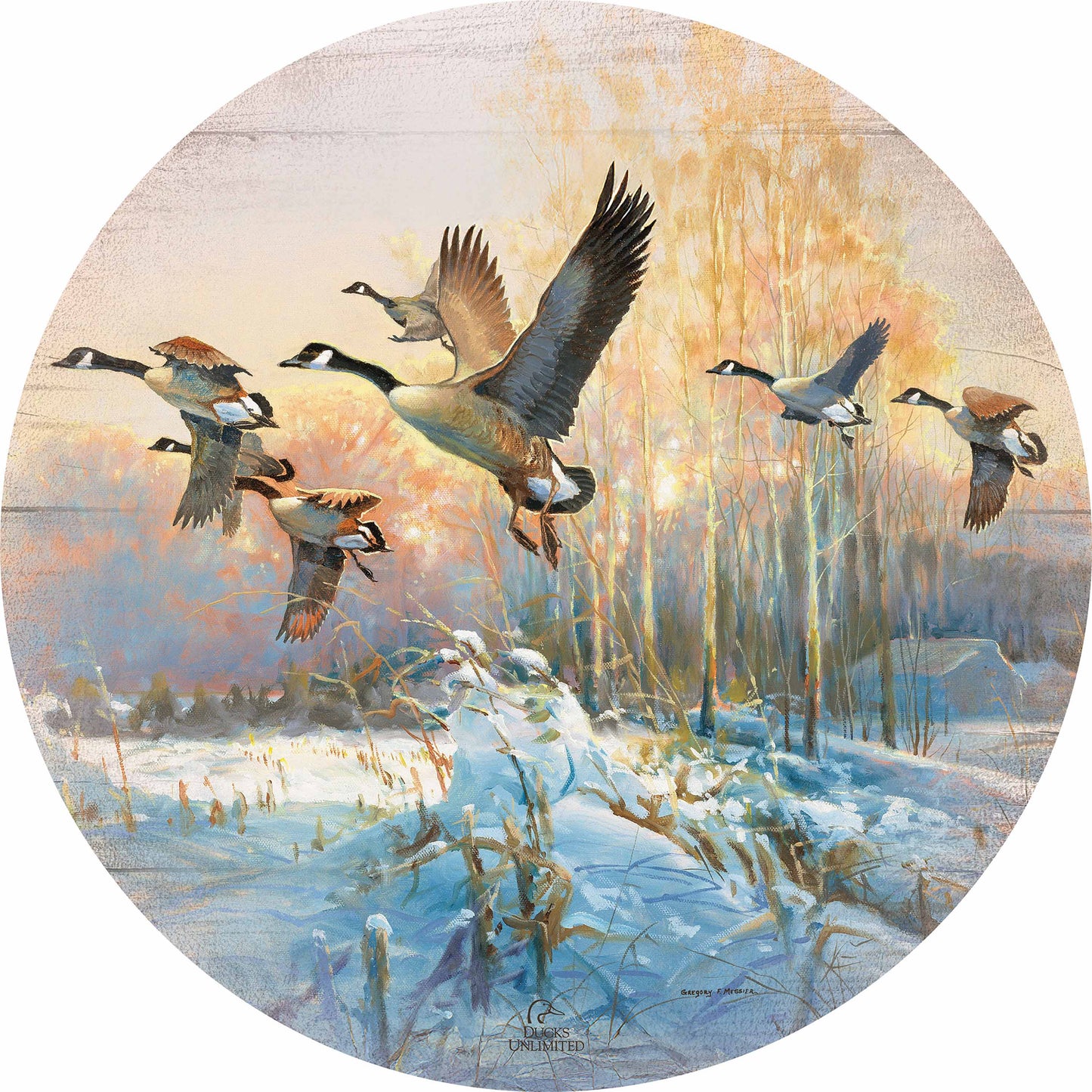 Late Departure Canada Geese 21" Round Wood Sign - Official Ducks Unlimited Art