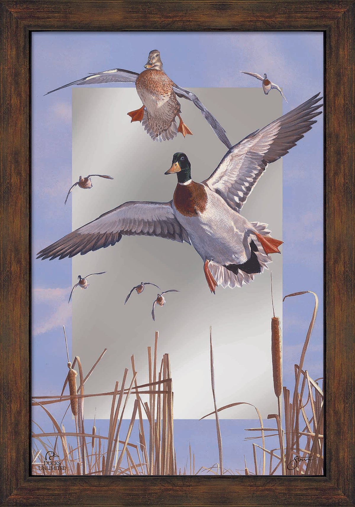 Mallards 'n' Cattails 16" x 24" Mirror Framed Barnwood - Official Ducks Unlimited Art