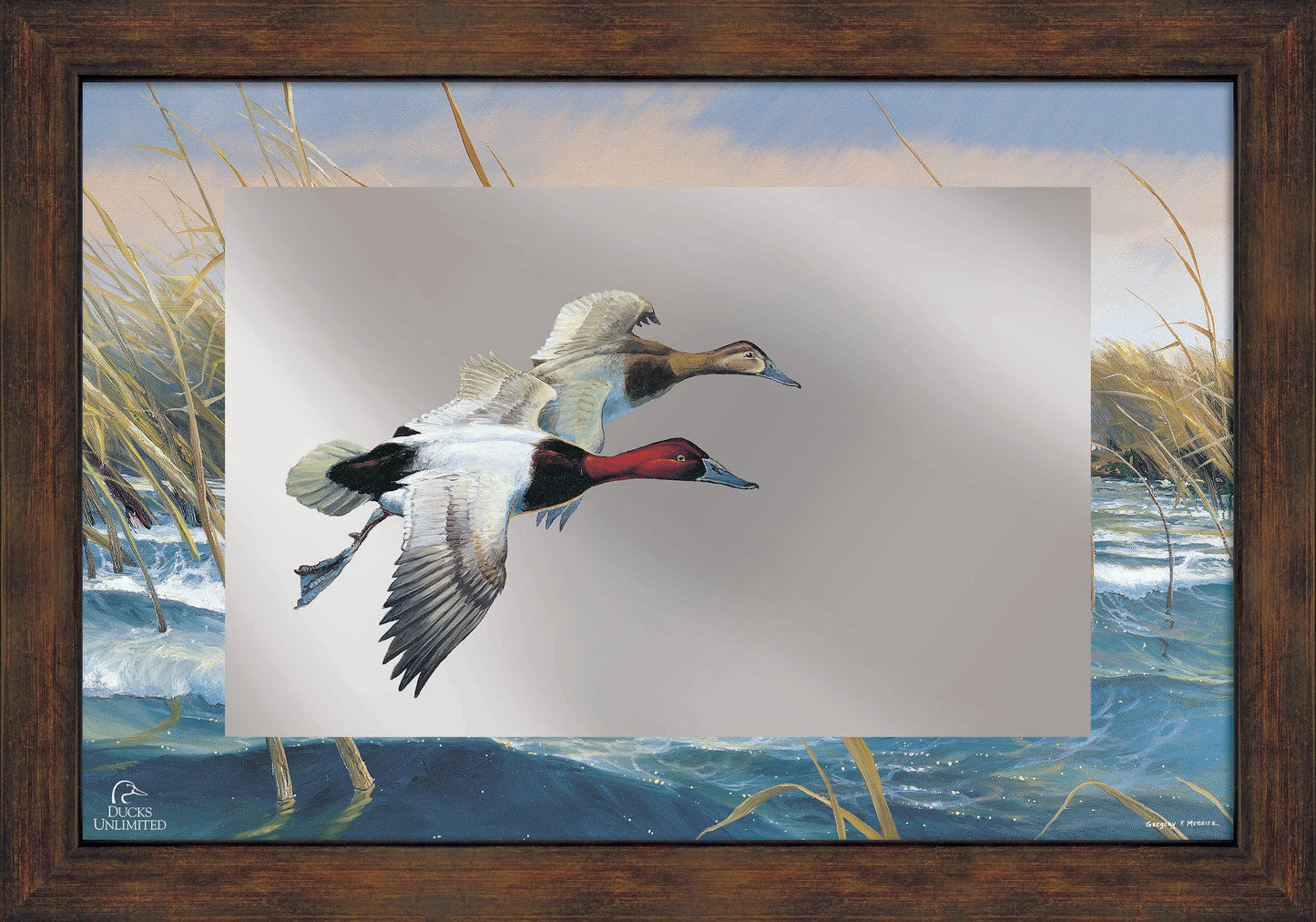 On the Deck  Canvasbacks  16" x 24" Mirror Framed Barnwood - Official Ducks Unlimited Art