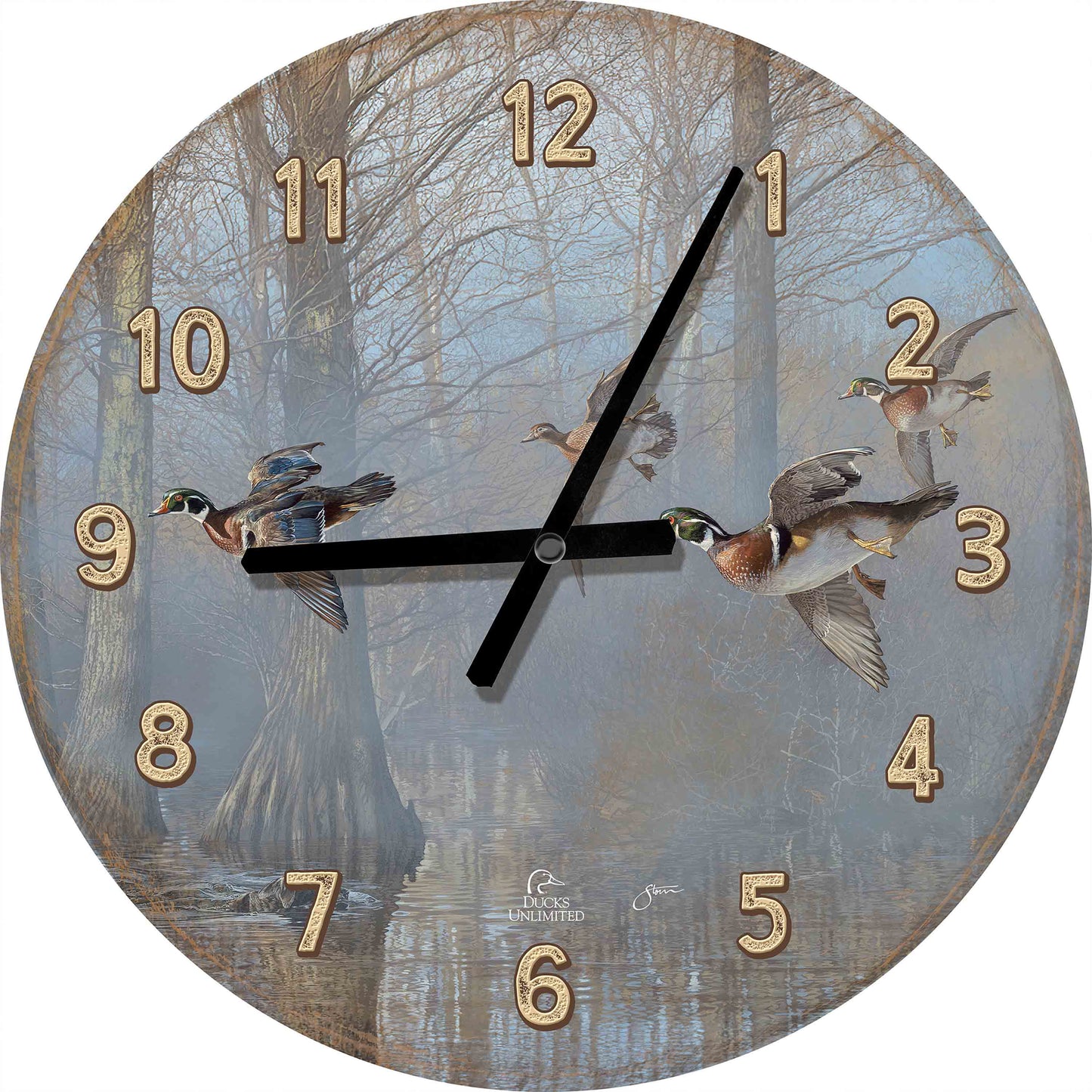 Out of the Mist - Wood Ducks 21" Round Clocks  - Official Ducks Unlimited Art