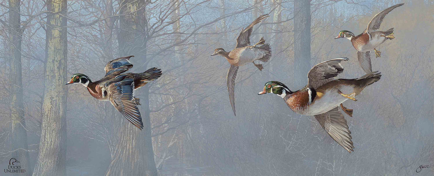 Out of the Mist - Wood Ducks 12" x 30" Wood Sign - Official Ducks Unlimited Art