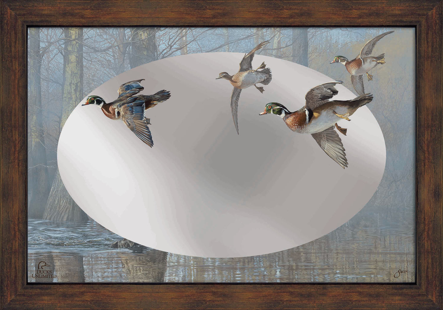 Out of the Mist - Wood Ducks 16" x 24" Mirror Framed Barnwood - Official Ducks Unlimited Art