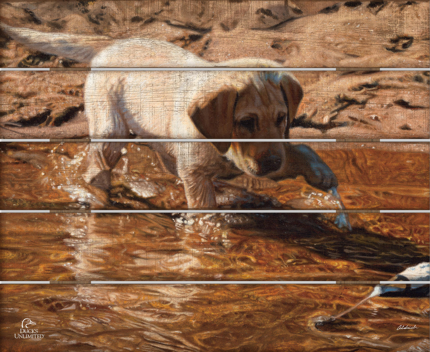 Piddle Paddle Pup  Yellow Lab  18" x 22" Pallet Wall Art - Official Ducks Unlimited Art