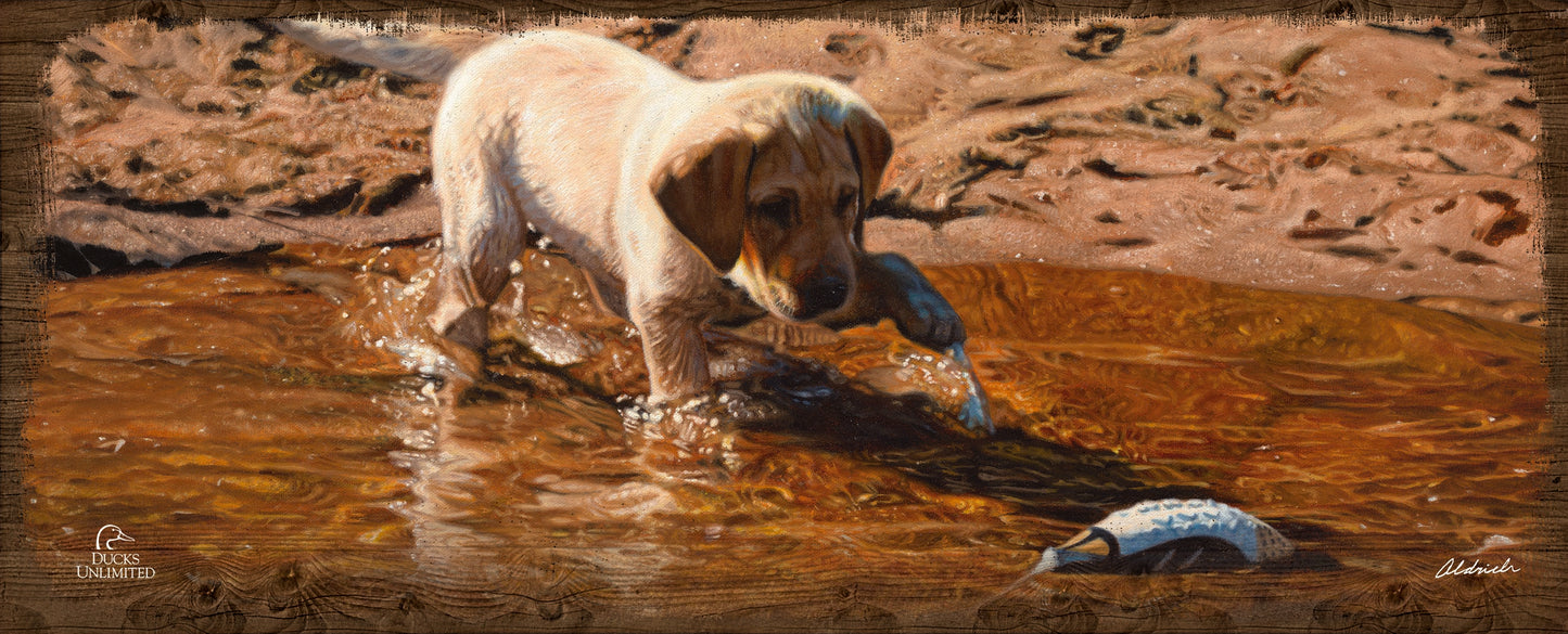 Piddle Paddle Pup  Yellow Lab  12" x 30" Wood Sign - Official Ducks Unlimited Art