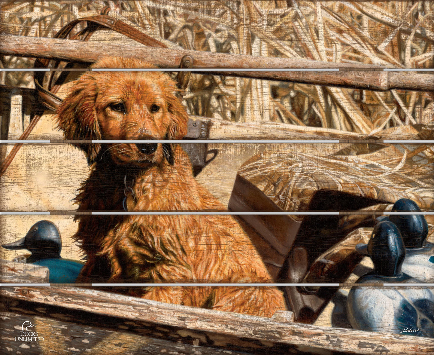 Pup Commander  Golden Retriever  18" x 22" Pallet Wall Art - Official Ducks Unlimited Art