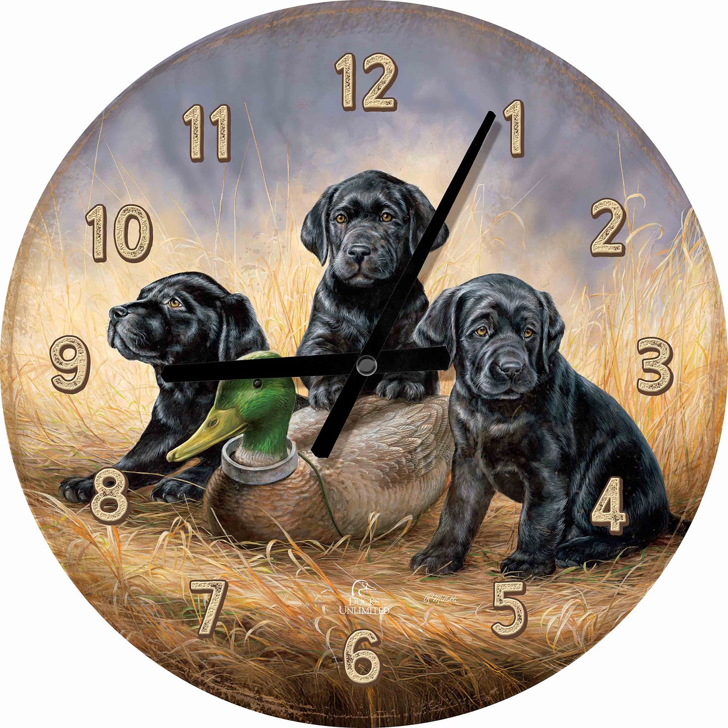 Ready for Class - Black Lab Puppies 21" Round Clock - Official Ducks Unlimited