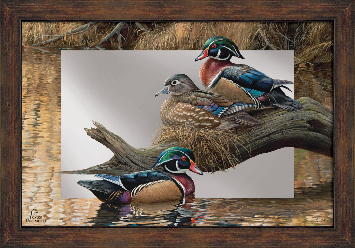 Sitting Pretty  Wood Ducks  16" x 24" Mirror Framed Barnwood - Official Ducks Unlimited Art