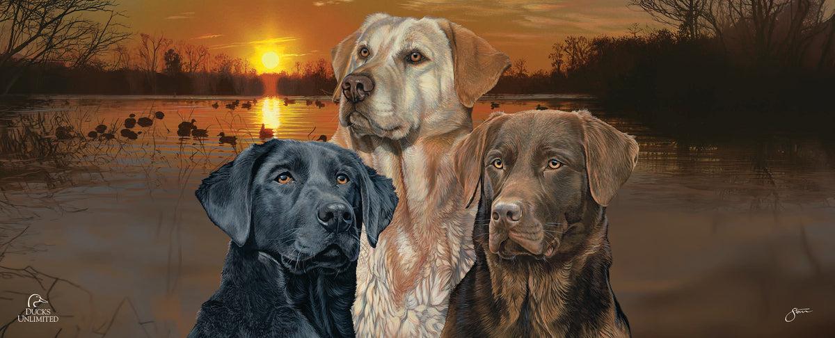Sunset Trio - Dogs - 12" x 30" Wood Sign - Official Ducks Unlimited Art