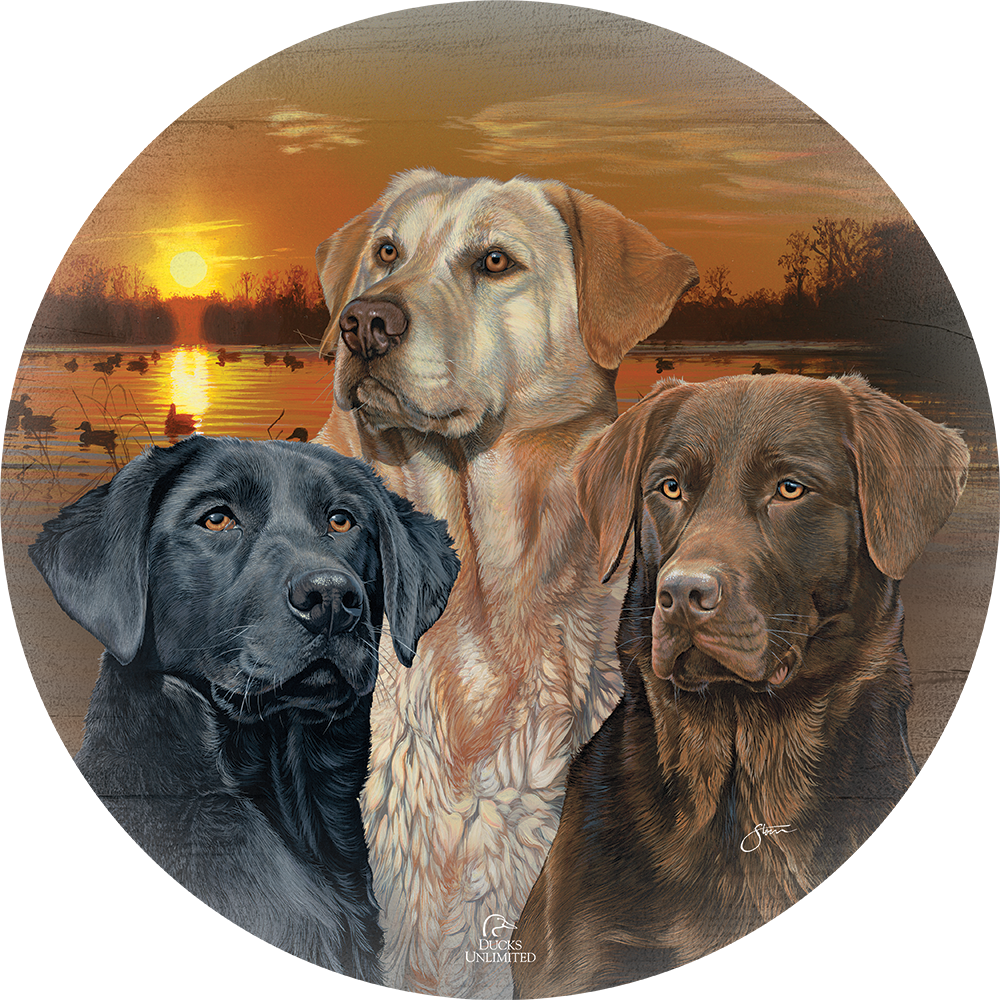 Sunset Trio - Dogs - 21" Round Wood Sign - Official Ducks Unlimited Art