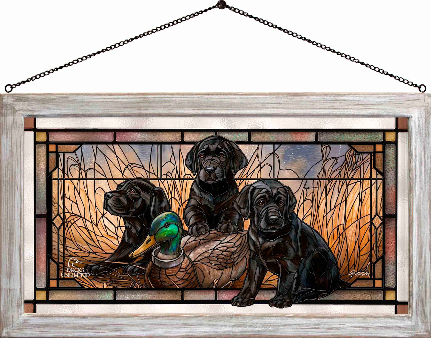 Ready for Class - Black Lab Puppies Stained Glass Art - Official Ducks Unlimited Art