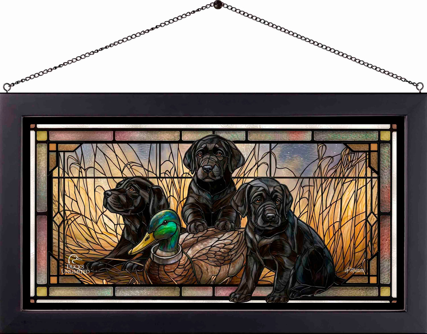 Ready for Class - Black Lab Puppies Stained Glass Art - Official Ducks Unlimited Art