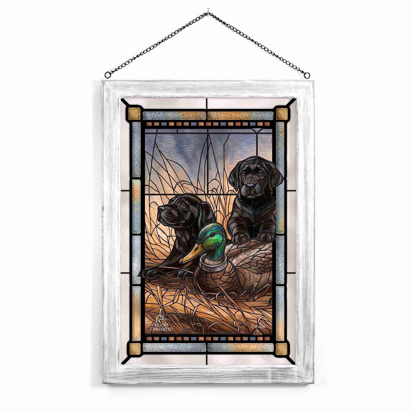 Ready for Class - Black Lab Puppies Stained Glass Art - Official Ducks Unlimited Art
