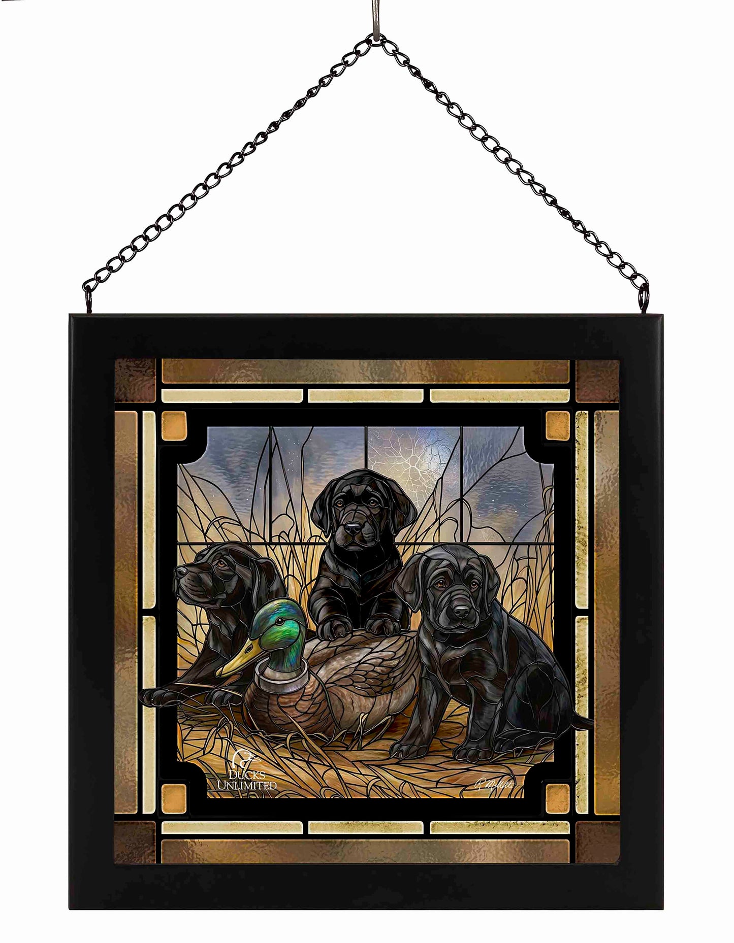 Ready for Class - Black Lab Puppies Stained Glass Art - Official Ducks Unlimited Art