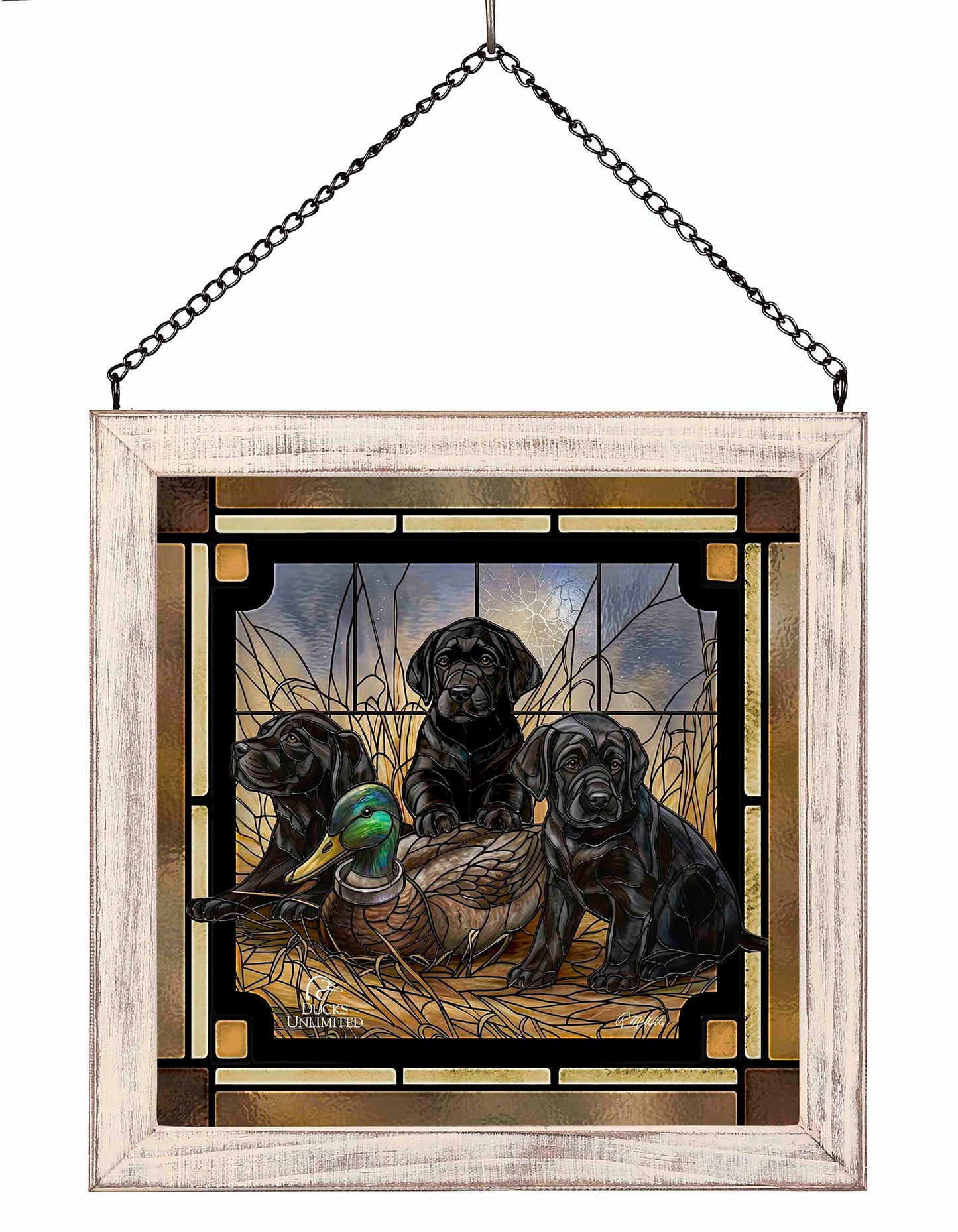 Ready for Class - Black Lab Puppies Stained Glass Art - Official Ducks Unlimited Art