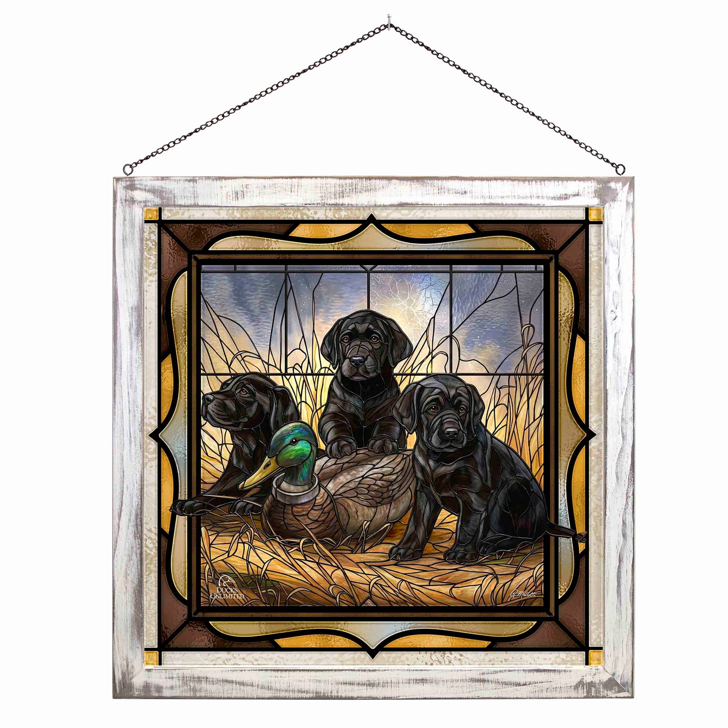 Ready for Class - Black Lab Puppies Stained Glass Art - Official Ducks Unlimited Art