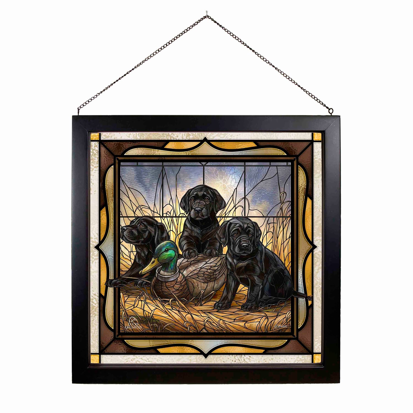Ready for Class - Black Lab Puppies Stained Glass Art - Official Ducks Unlimited Art