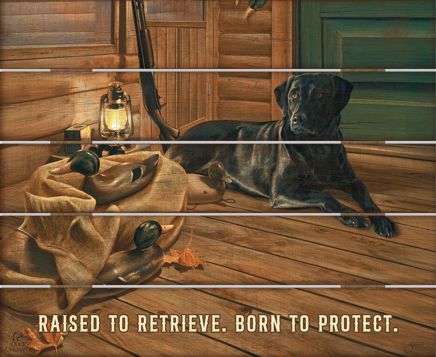 Bountiful Day Black Lab "Raised to retrieve. Born to protect."  18" x 22" Pallet Wall Art - Official Ducks Unlimited Art
