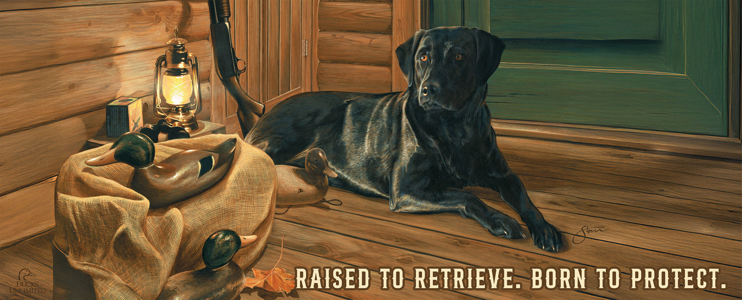 Bountiful Day Black Lab "Raised to retrieve. Born to protect."  12" x 30" Wood Sign - Official Ducks Unlimited Art