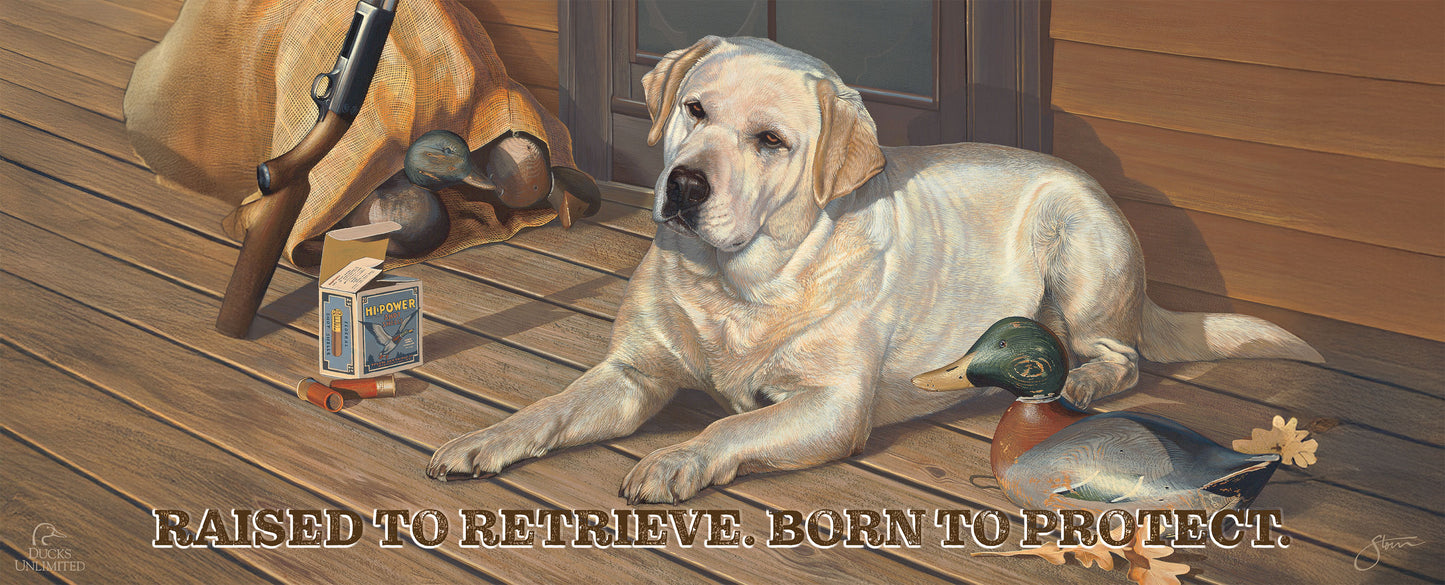 Bountiful Day Yellow Lab "Raised to retrieve. Born to protect."  12" x 30" Wood Sign - Official Ducks Unlimited Art