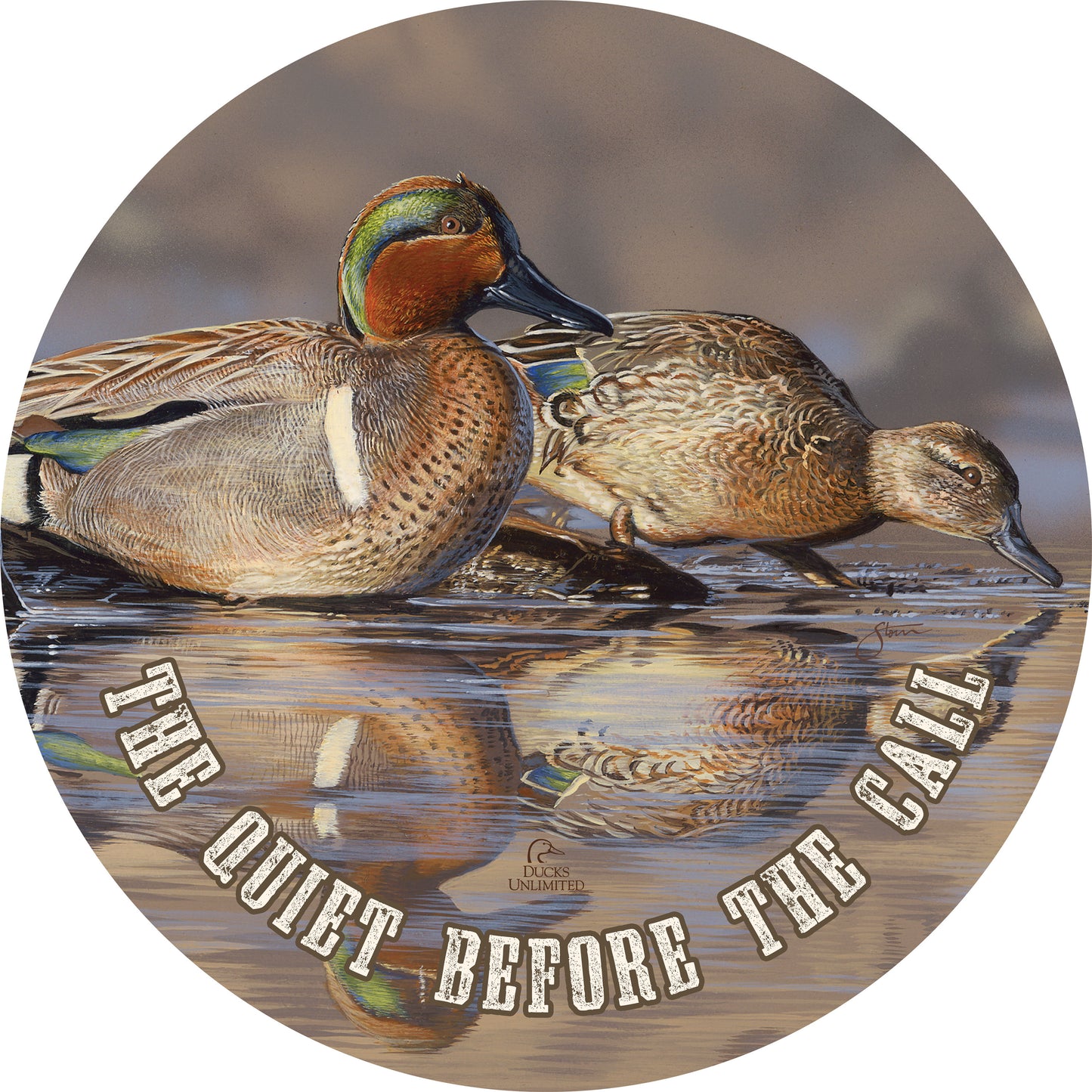 Dabbling Greens "The quiet before the call."  21" Round Wood Sign - Official Ducks Unlimited Art
