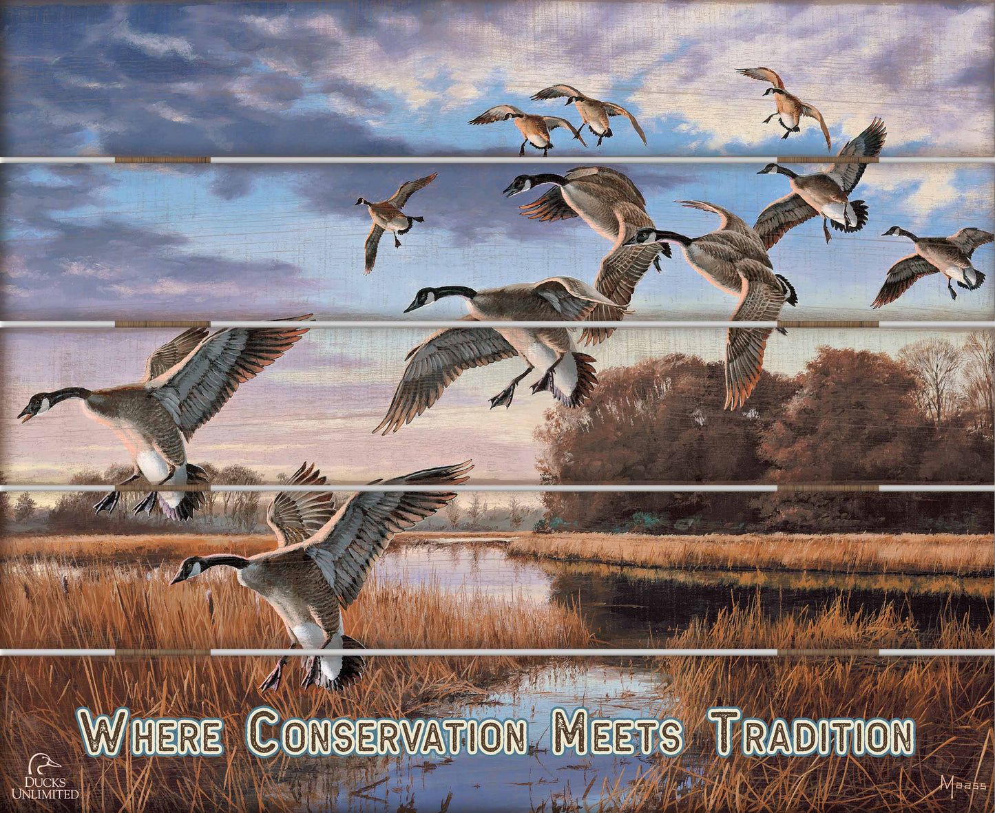 Daybreak Descent Canada Geese "Where Conservation Meets Tradition"  18" x 22" Pallet Wall Art - Official Ducks Unlimited Art