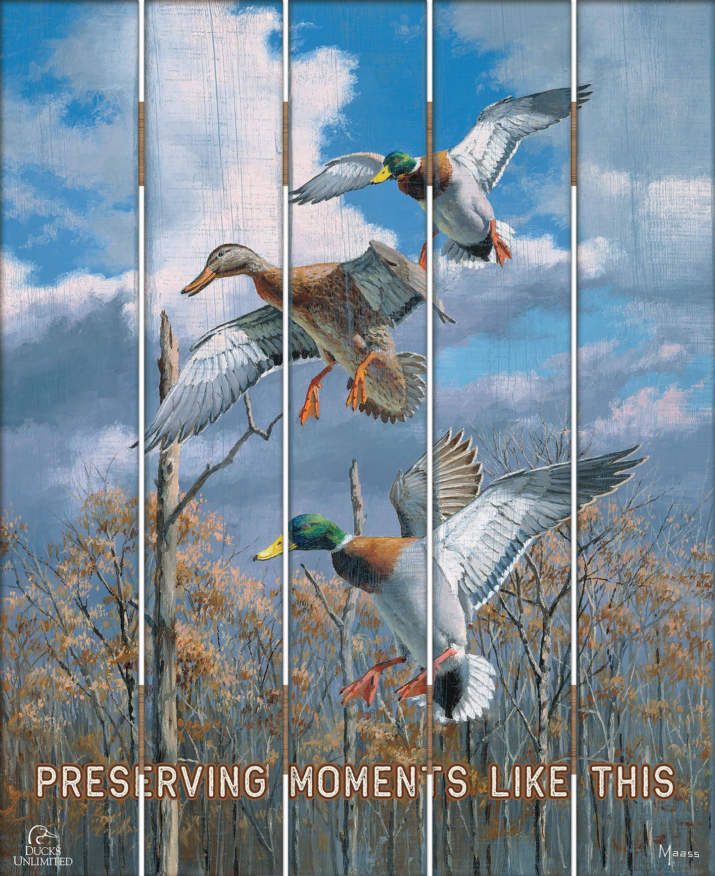 Descending Trio Mallards "Preserving Moments Like This"  18" x 22" Pallet Wall Art - Official Ducks Unlimited Art