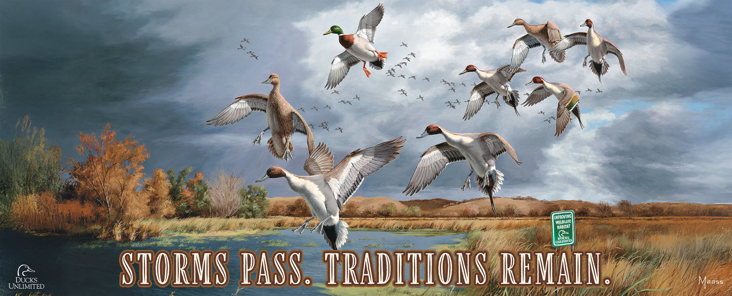 Fruits of Your Labor Pintails and Mallards "Storms Pass. Traditions Remain."  12" x 30" Wood Sign - Official Ducks Unlimited Art