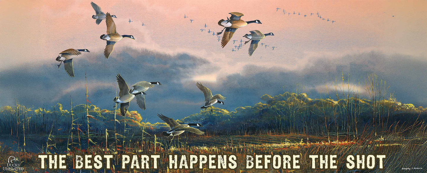 Days End "The Best Stories Start Before Sunrise." 12" x 30" Wood Sign - Official Ducks Unlimited Art