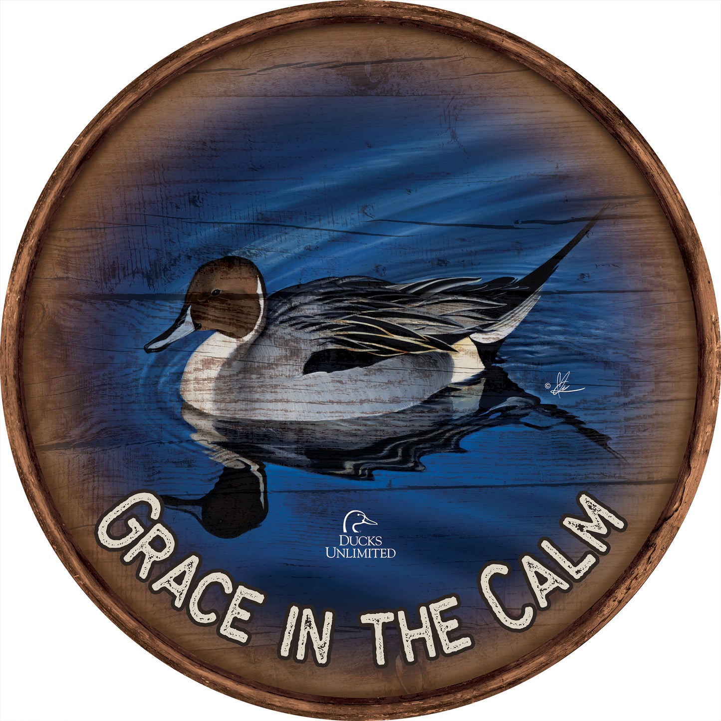 Calm Blue Water "Grace in the Calm."  21" Round Wood Sign - Official Ducks Unlimited Art