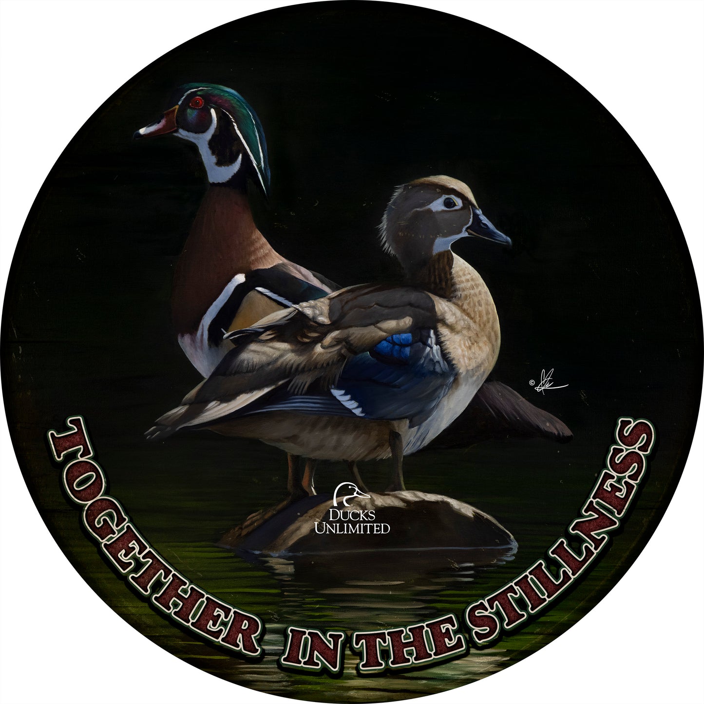 Low Water Rising "Together in the Stillness."  21" Round Wood Sign - Official Ducks Unlimited Art