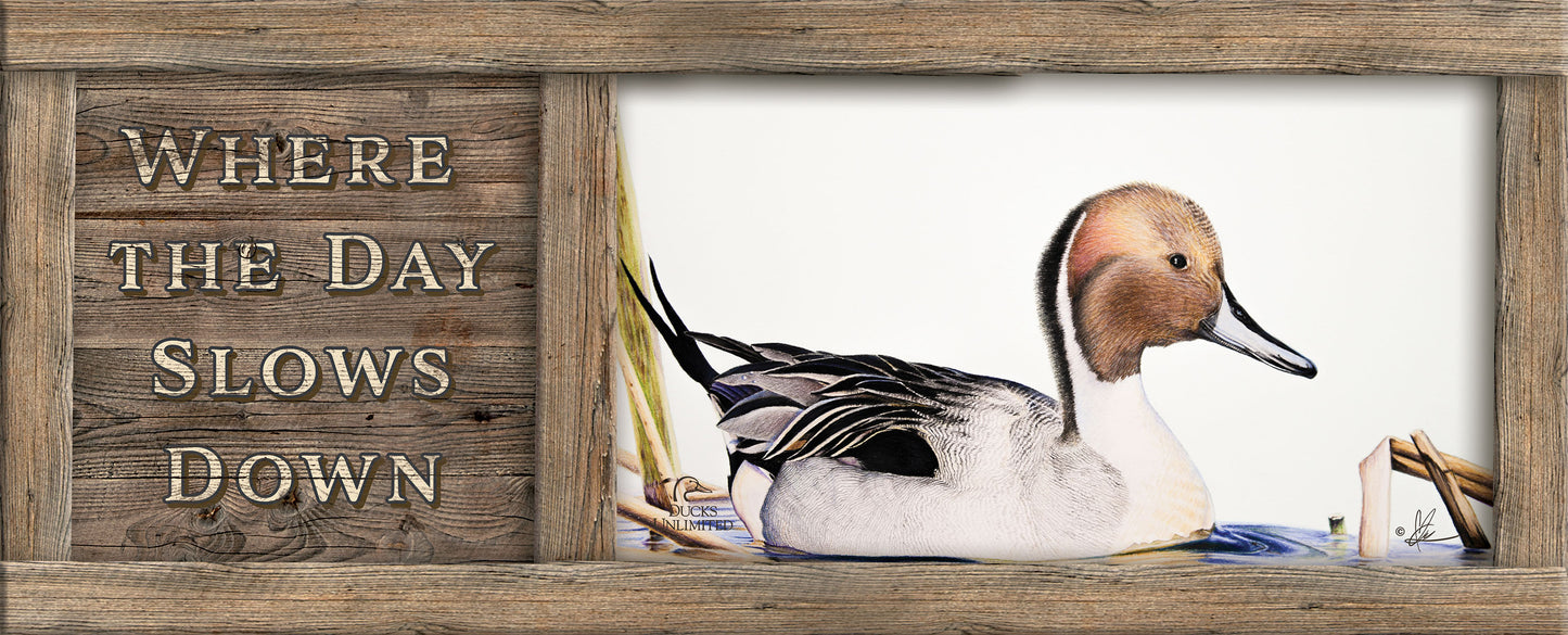 Pintail "Where the Day Slows Down."  12" x 30" Wood Sign - Official Ducks Unlimited Art