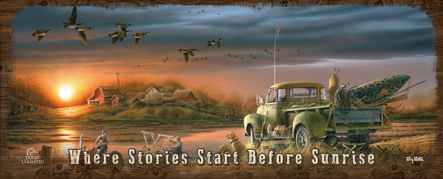 Patiently Waiting "Where Stories Start Before Sunrise."  12" x 30" Wood Sign - Official Ducks Unlimited Art
