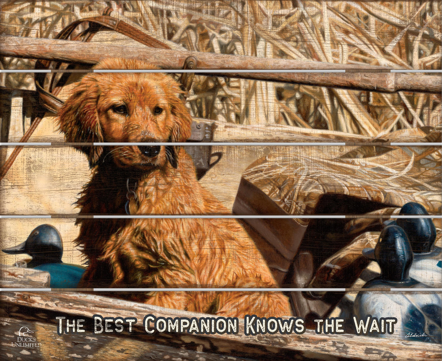Pup Commander  Golden Retriever "The Best Companion Knows the Wait." 18" x 22" Pallet Wall Art - Official Ducks Unlimited Art