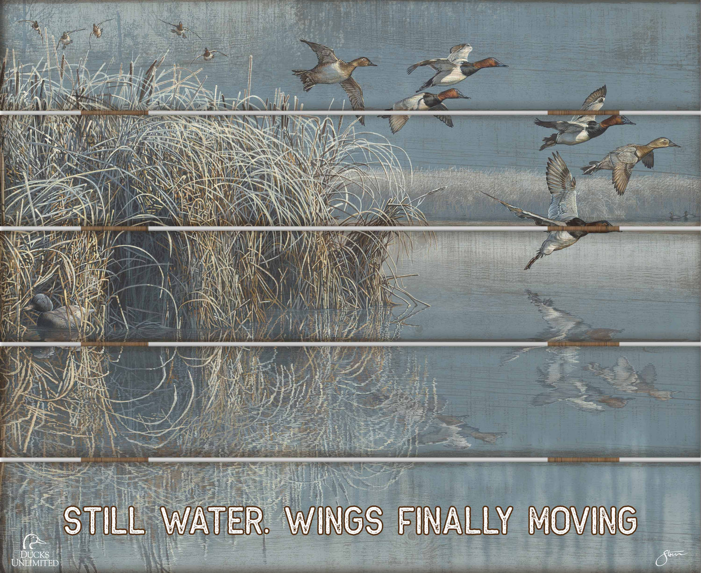 A Hint of Yesteryear “Still Water. Wings Finally Moving.” 18" x 22" Pallet Wall Art  - Official Ducks Unlimited Art