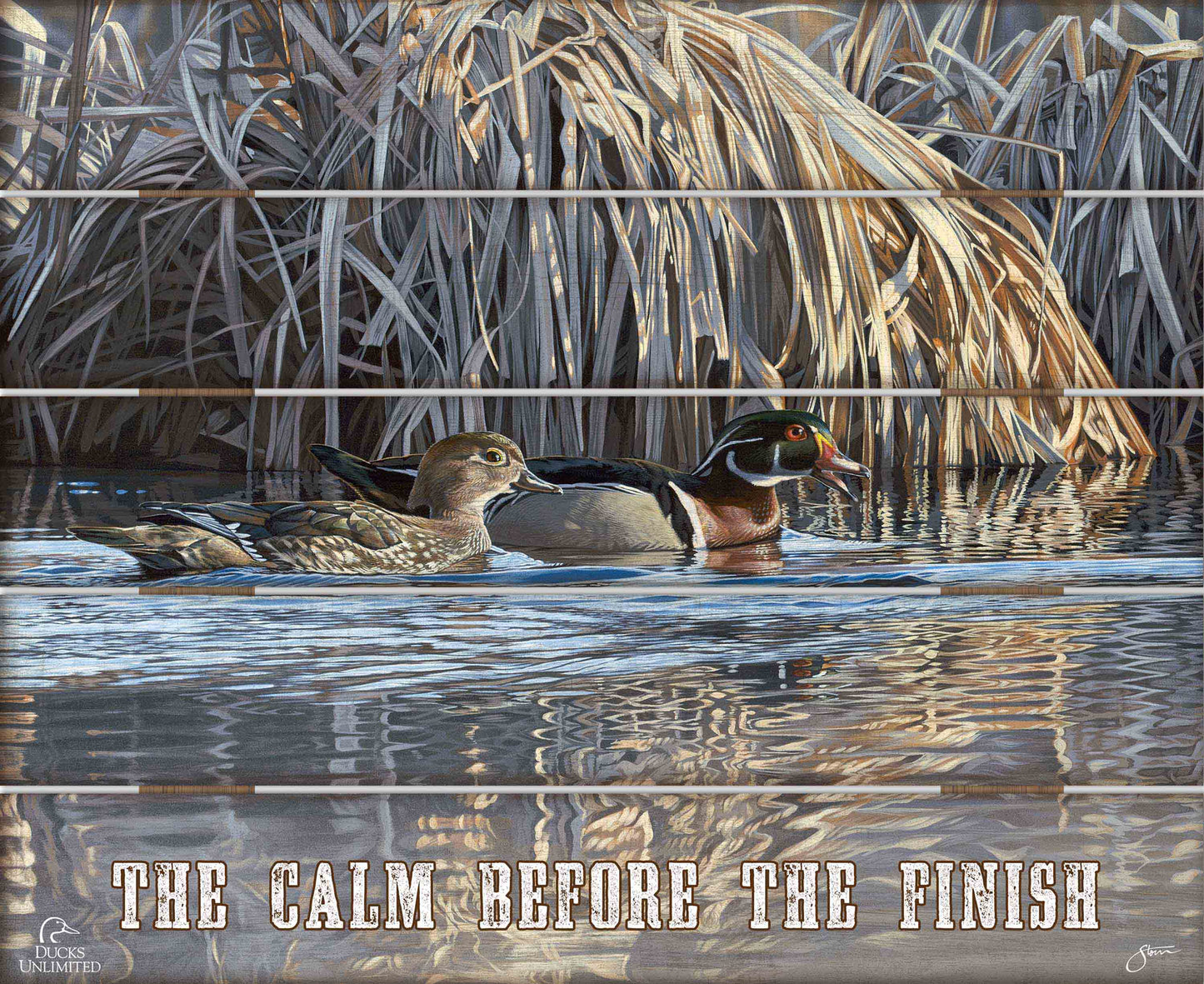Backwater Gathering “The Calm Before the Finish.” 18" x 22" Pallet Wall Art  - Official Ducks Unlimited Art