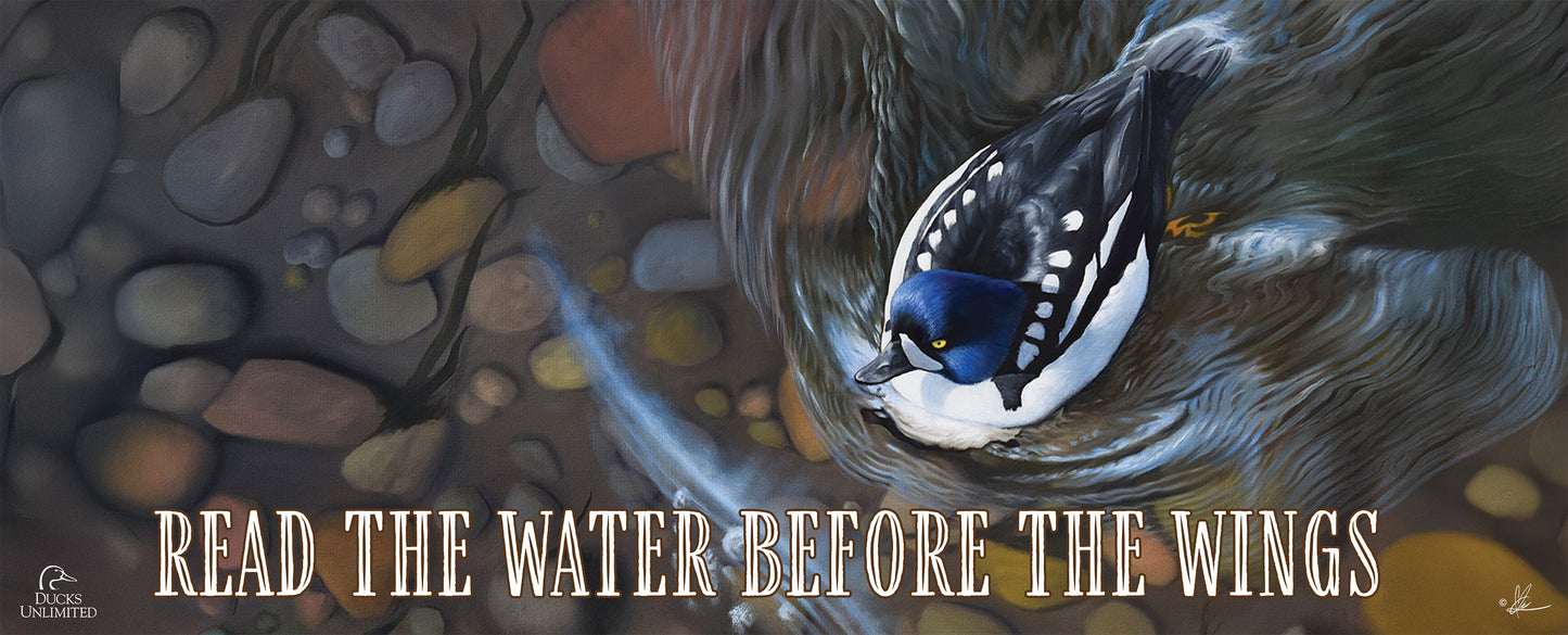 Lamar River Divers “Read the Water Before the Wings.” 12" x 30" Wood Sign - Official Ducks Unlimited Art