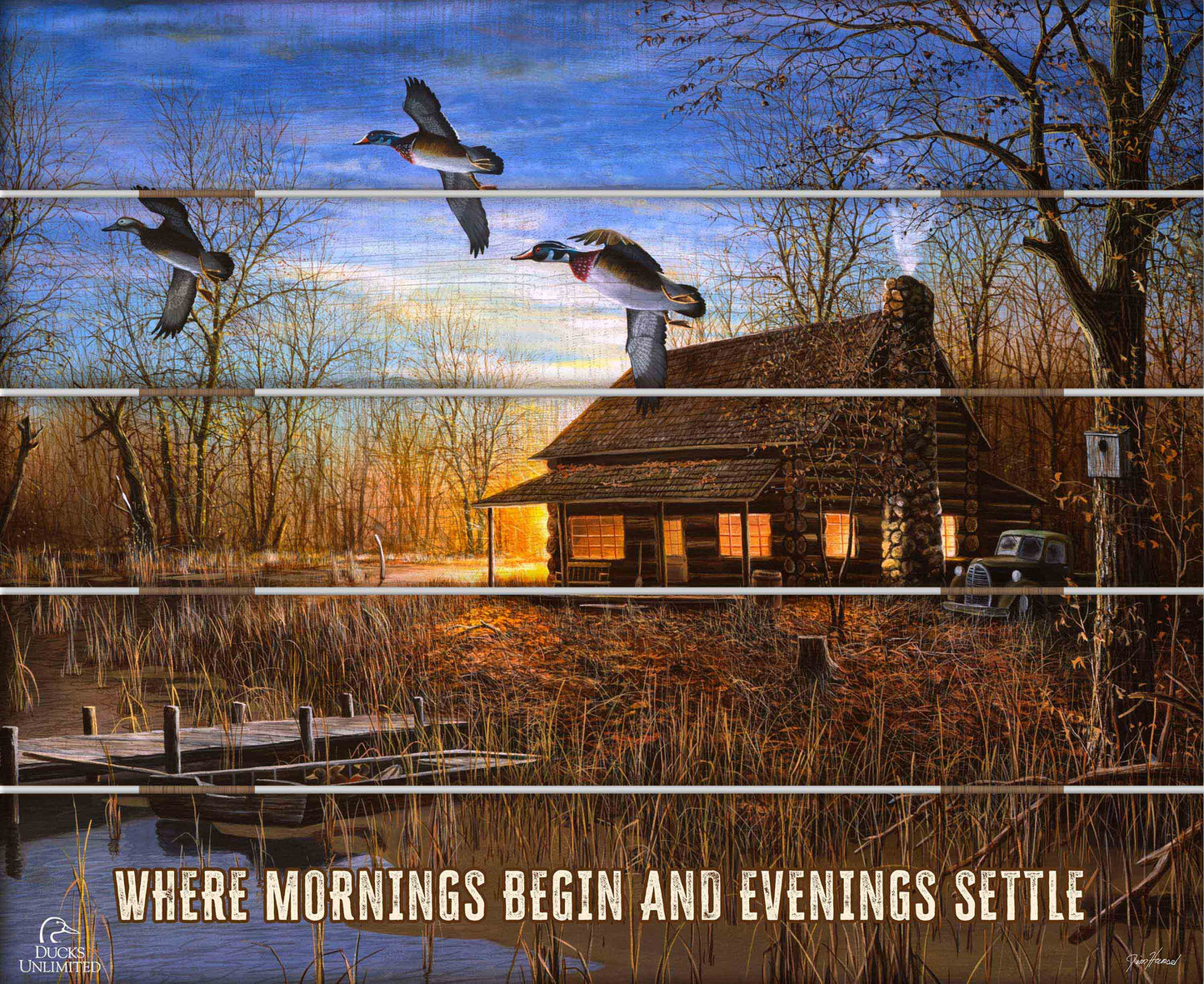 Passing Through “Where Mornings Begin and Evenings Settle.” 18" x 22" Pallet Wall Art - Official Ducks Unlimited