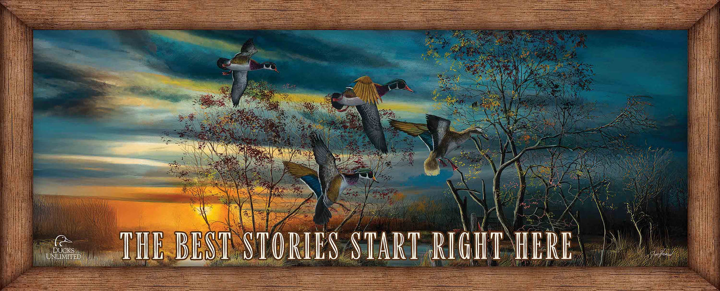 Autumn Splendor “The Best Stories Start Right Here.” 12" x 30" Wood Sign - Official Ducks Unlimited