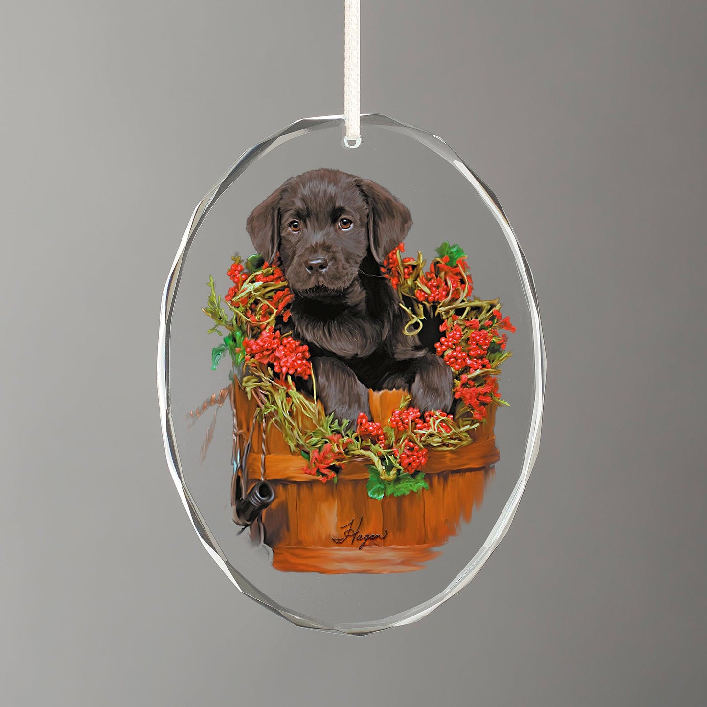 Holiday Surprise - Black Lab Puppy - Oval Glass Ornament
