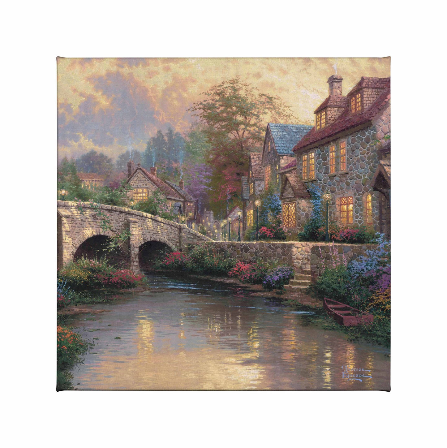 Painting of bridge and house by the river