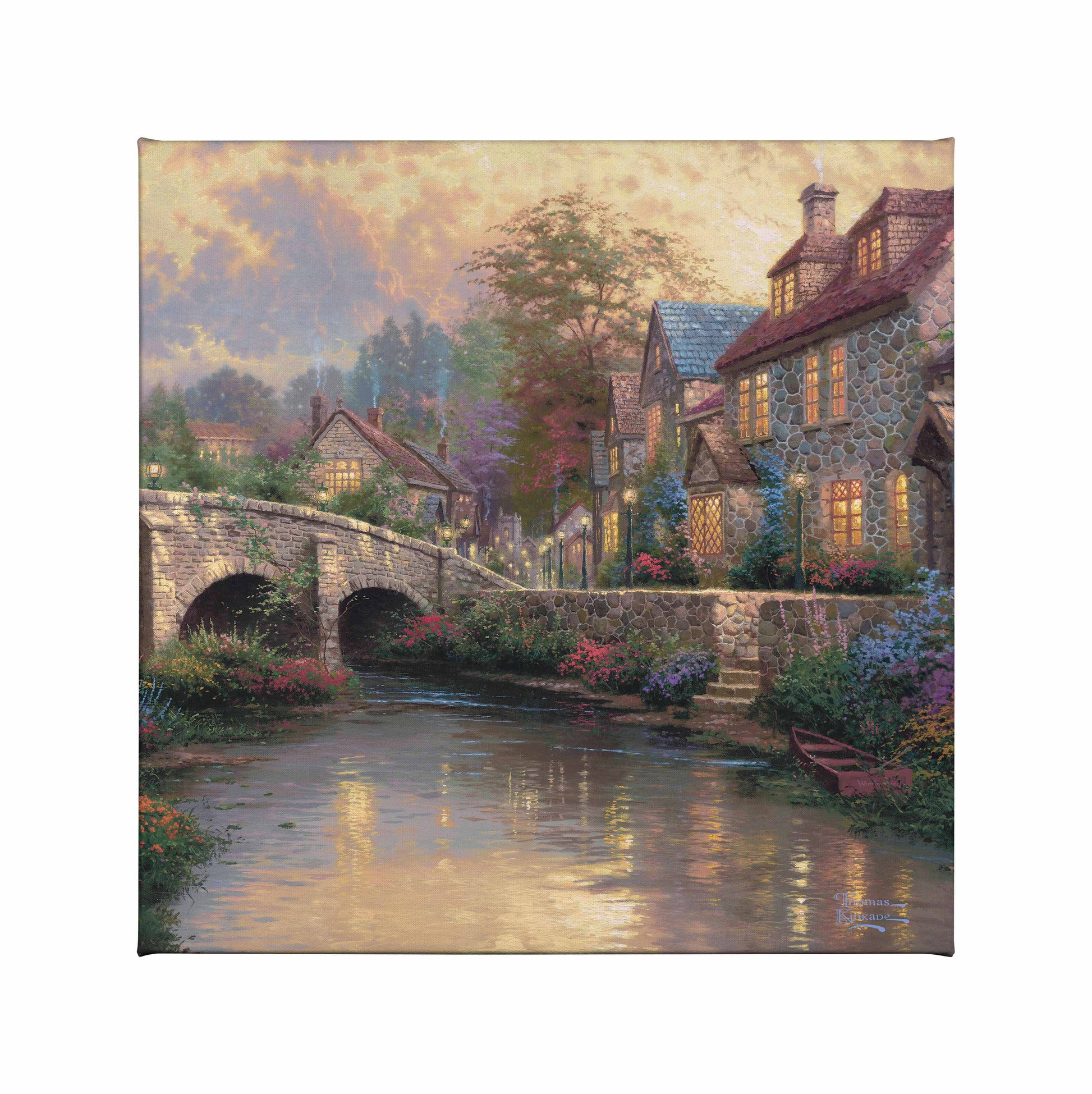 Painting of bridge and house by the river