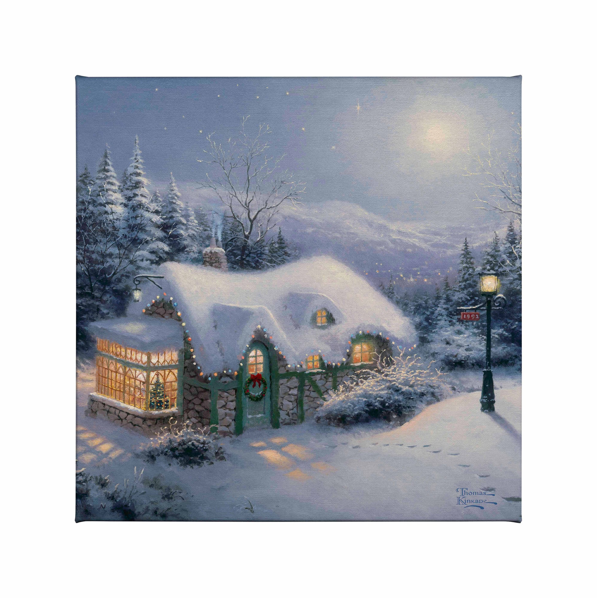 Painting of Christmas snowy cottage and trees