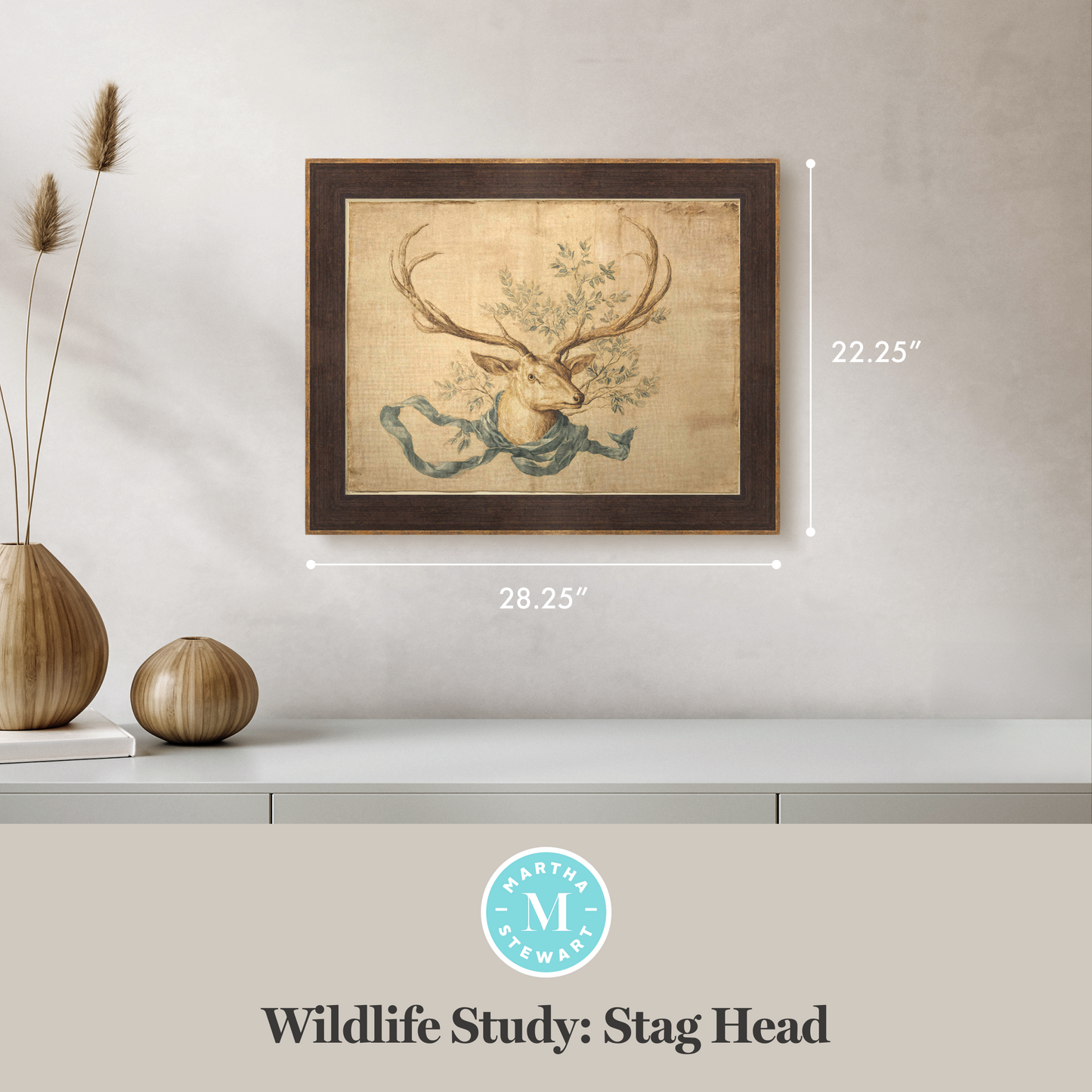 Martha Stewart Skylands | Wildlife Study: Stag Head | Framed Vintage Deer Illustration | Estate Natural History Wall Art