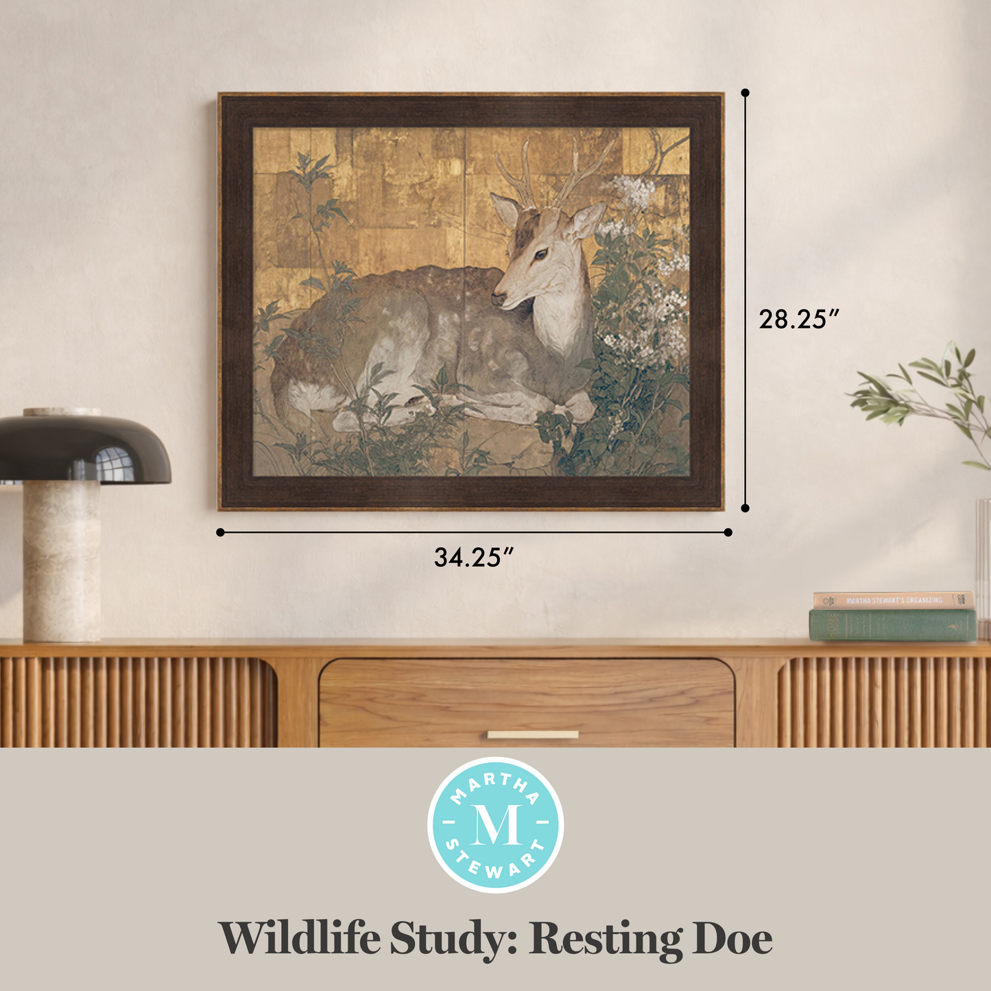 Martha Stewart Skylands | Wildlife Study: Resting Doe | Framed Vintage Deer Illustration | Estate Natural History Art