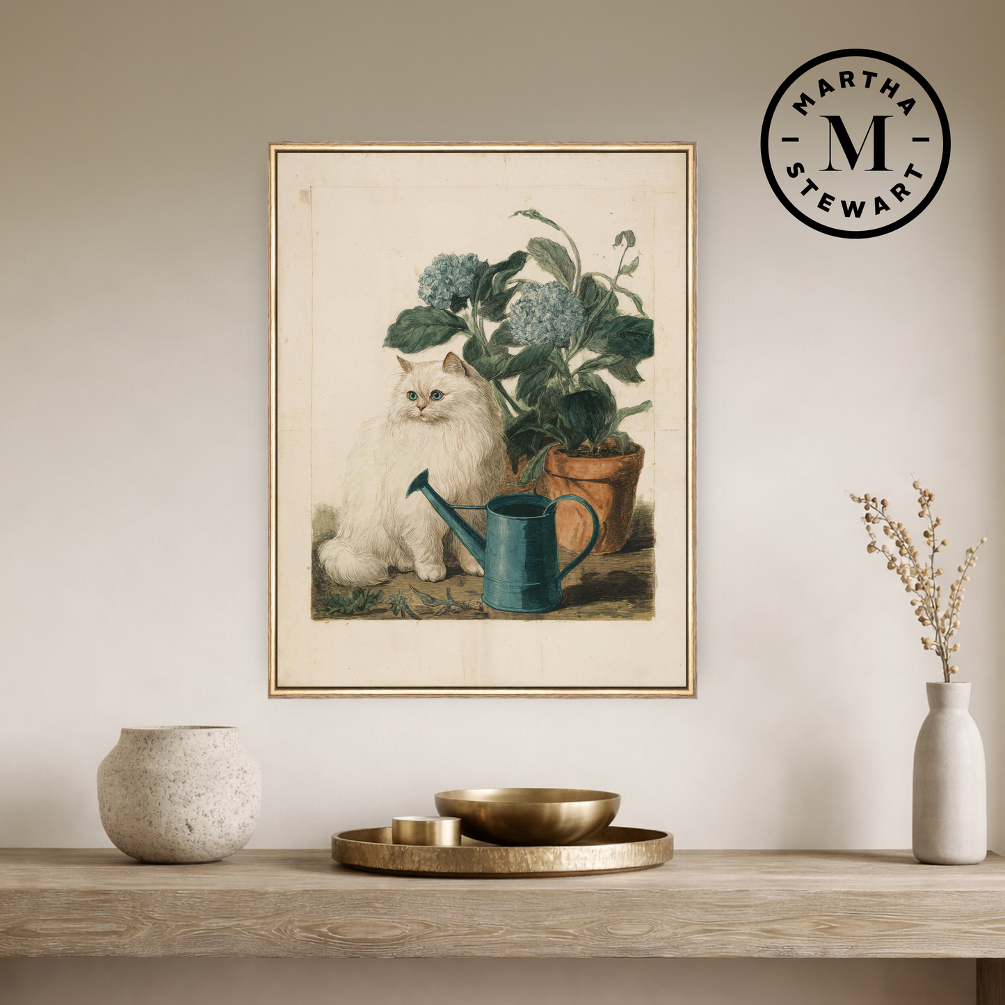 Martha Stewart Bedford | Garden Still Life: Cat in Garden | Framed Country Farmhouse Wall Art