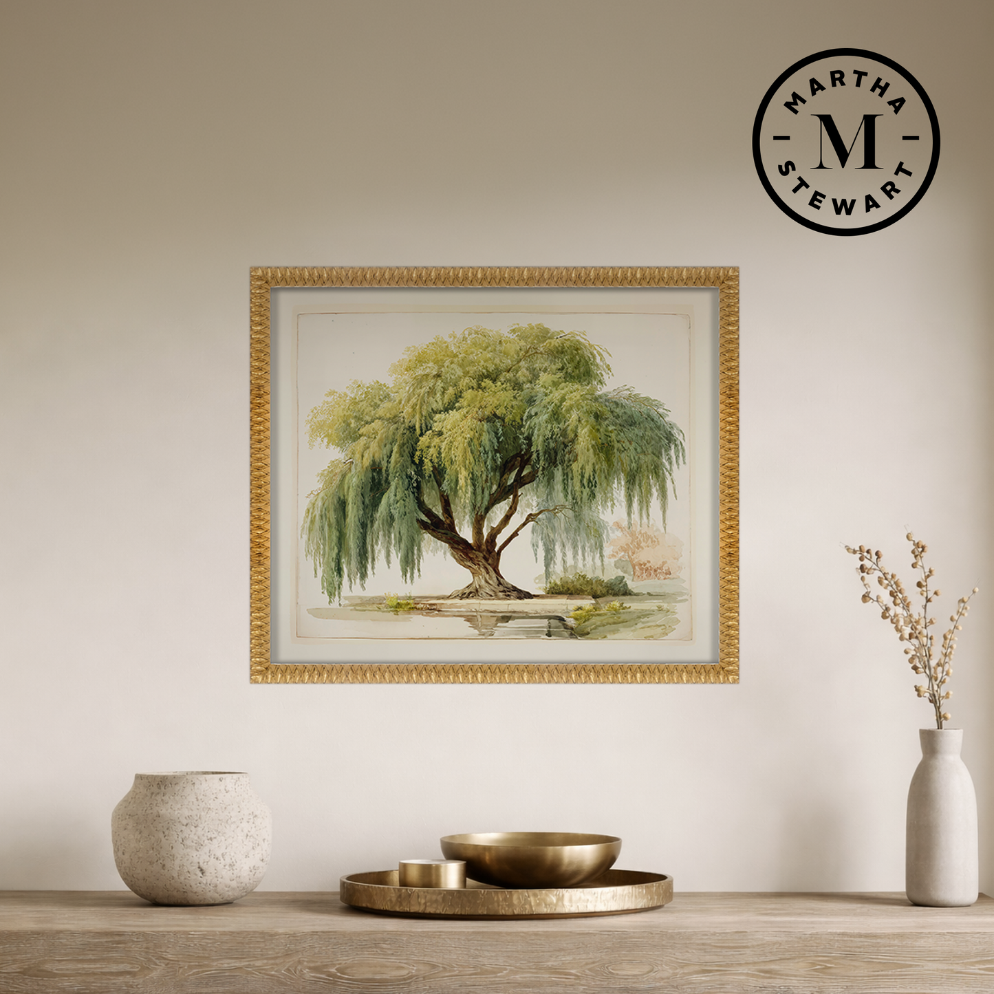 Martha Stewart Bedford | Seasonal Landscape: Willow Tree | Framed Country Farmhouse Wall Art