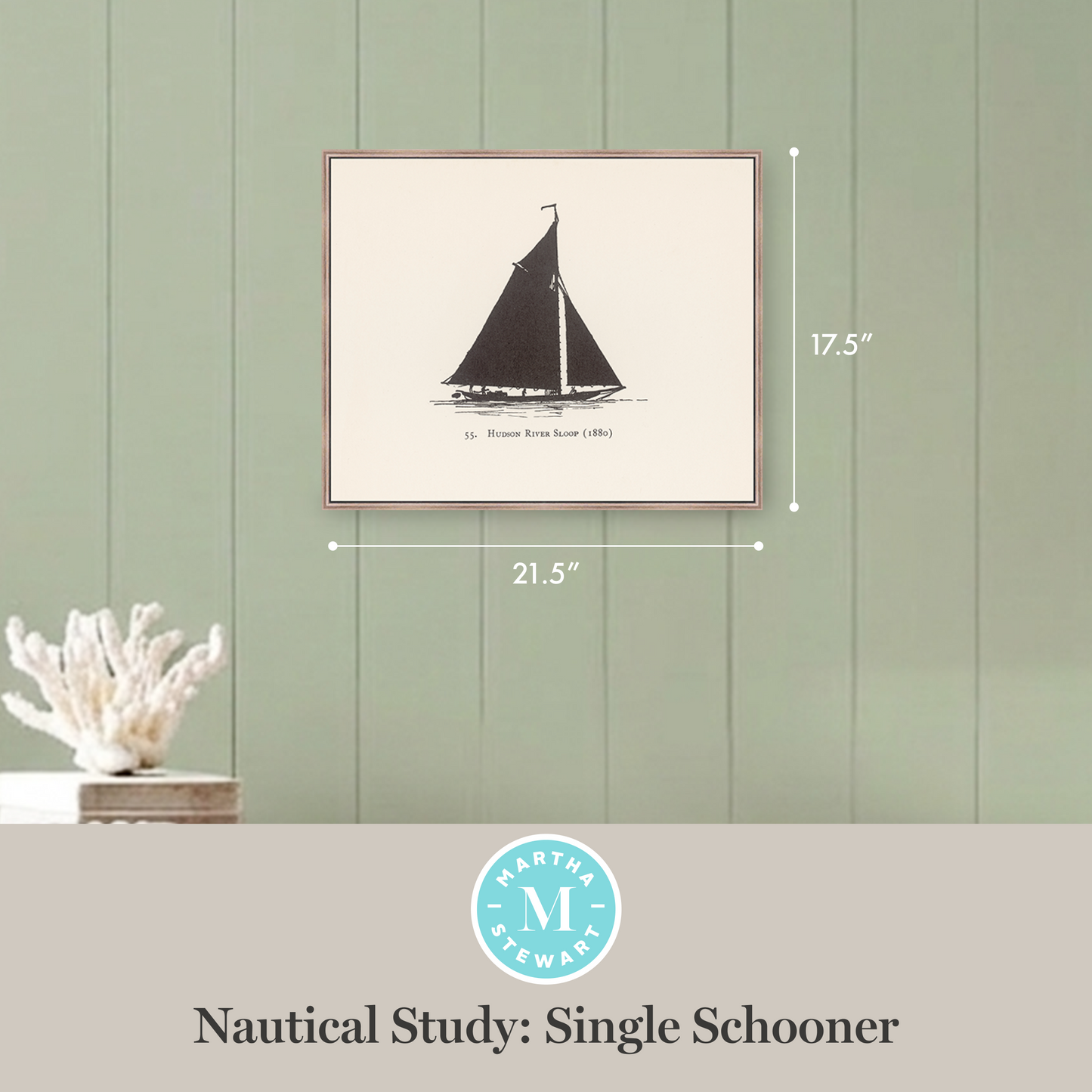 Martha Stewart Lily Pond | Nautical Study: Single Schooner | Framed Coastal Cottage Wall Art