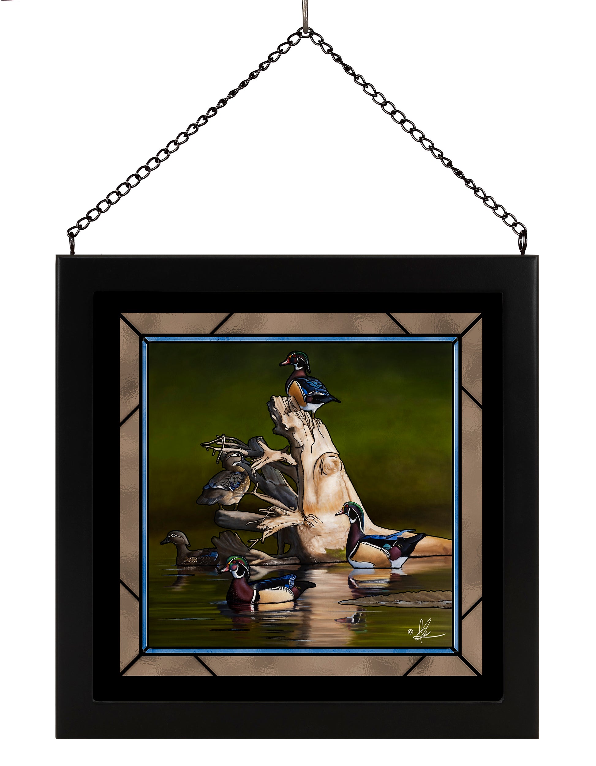 Framed painting with little birds in the river
