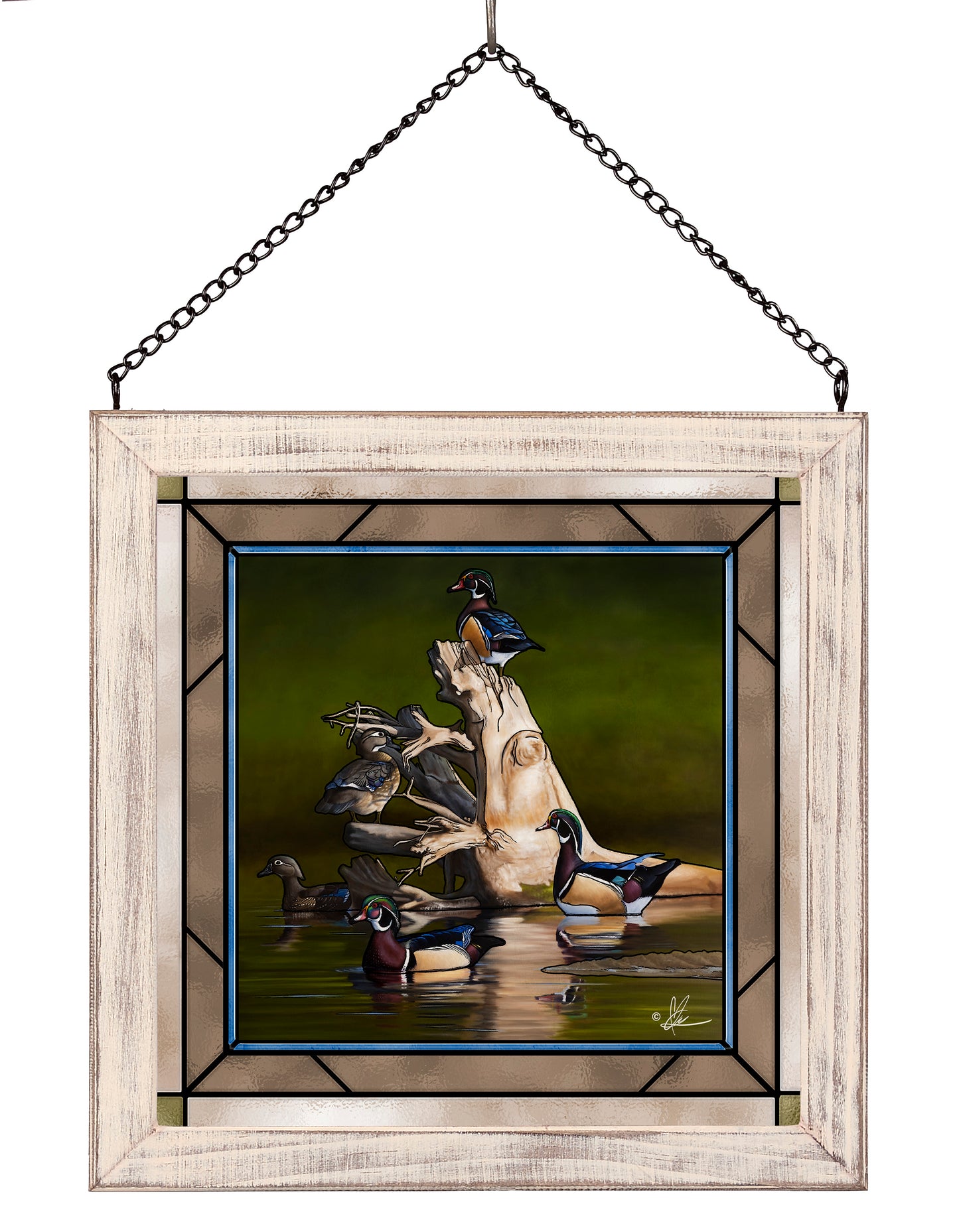 Framed painting with little birds in the river