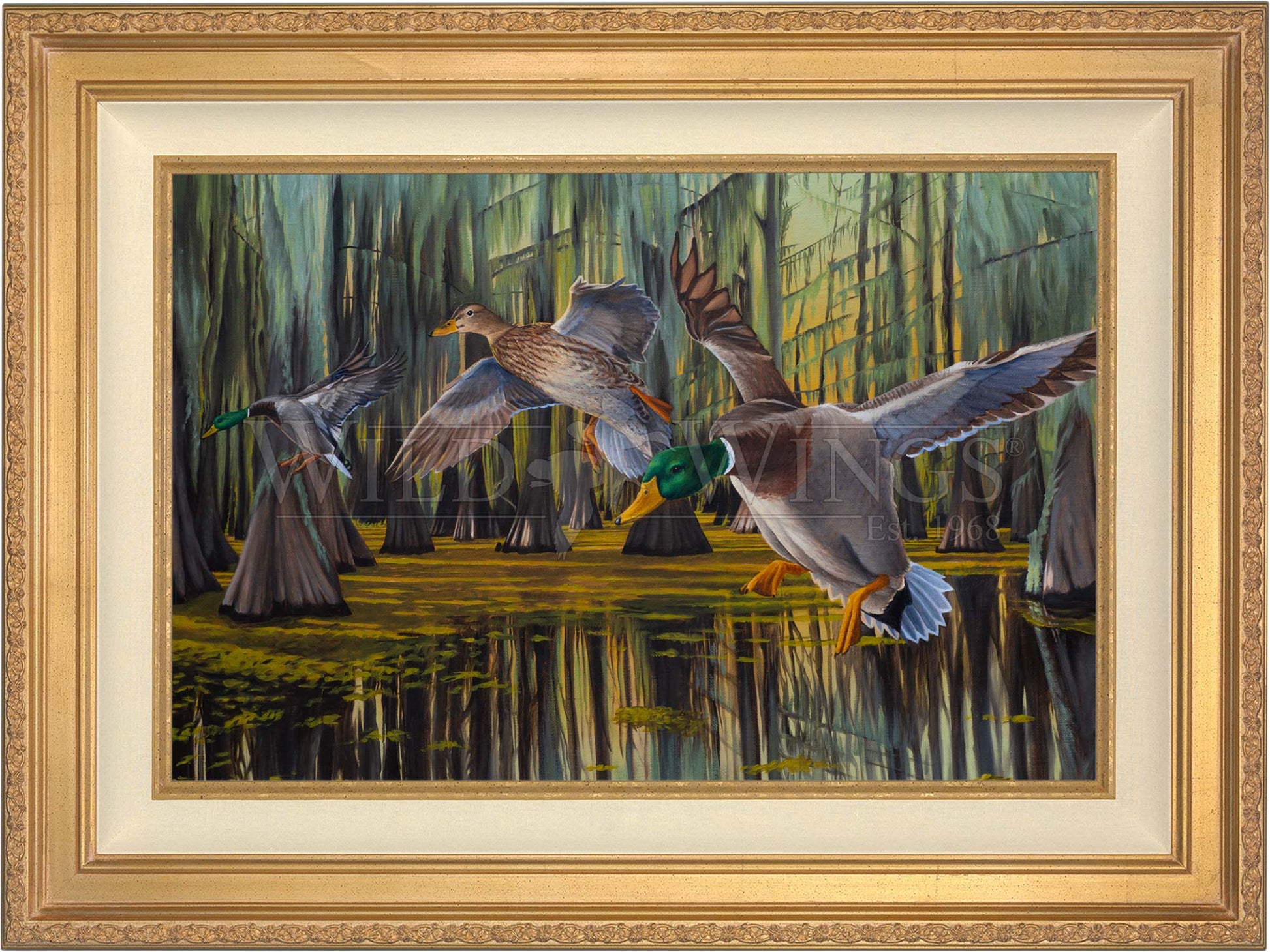 Framed painting of flying birds over the river